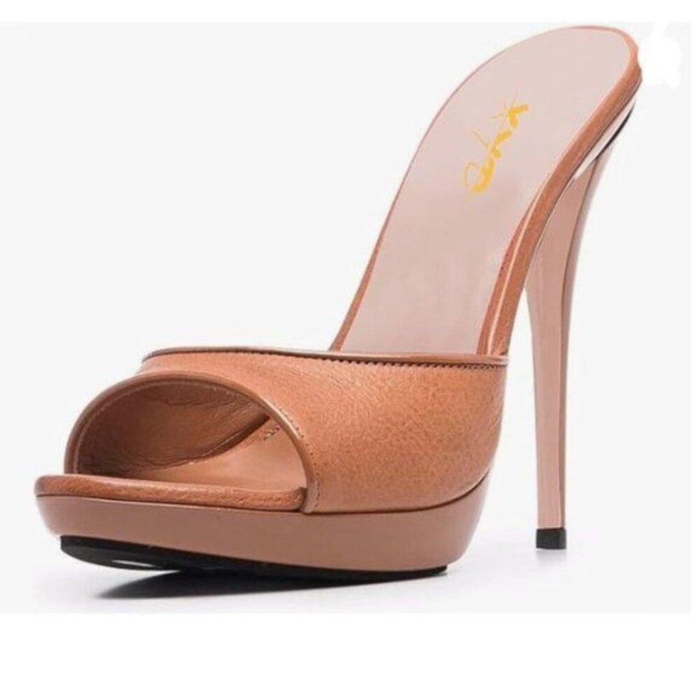 XYD Brown Platform Slippers Slip On Stilettos Slides Sexy High Heel Mules